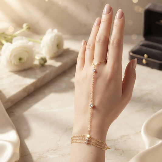 Luxury Crystal Layered Hand Chain Bracelet for Women | Anti-Tarnish Adjustable Bracelet with Ring