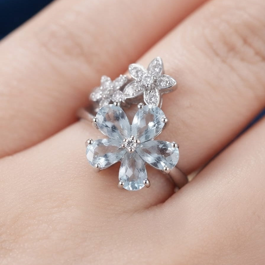 Elegant Crystal Flower Ring for Women – Silver Floral Statement Ring