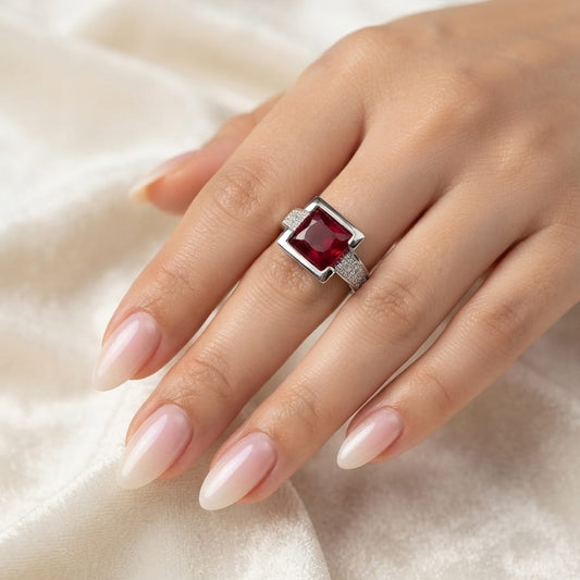 Elegant Square Crystal Ring for Women – Pink & Red Gemstone Statement Ring