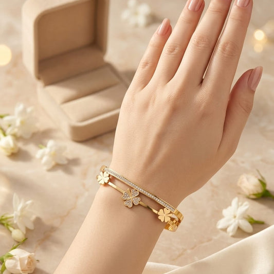Luxury Square Clover Anti-Tarnish Hand Cuff for Women – Gold Plated Stainless Steel Bangle