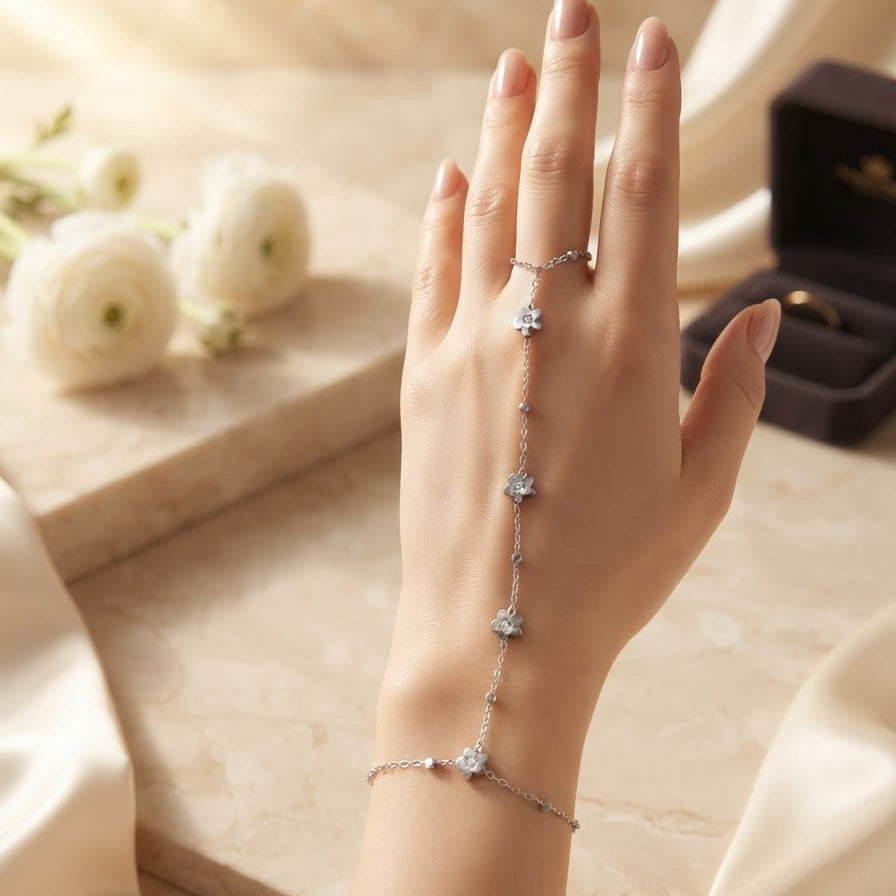 Floral Hand Chain Bracelet for Women | Anti-Tarnish Adjustable Bracelet with Ring (Gold & Silver)